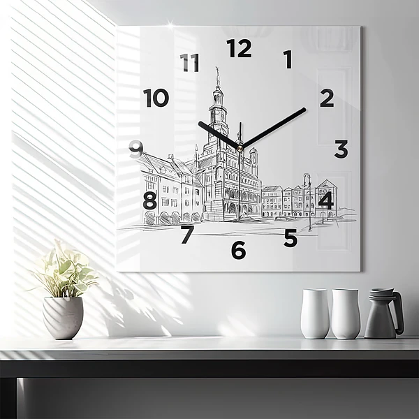Wanduhr quadratisch Skizze der Altstadt von Poznan