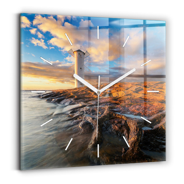 Wanduhr quadratisch Leuchtturm und die Ostsee