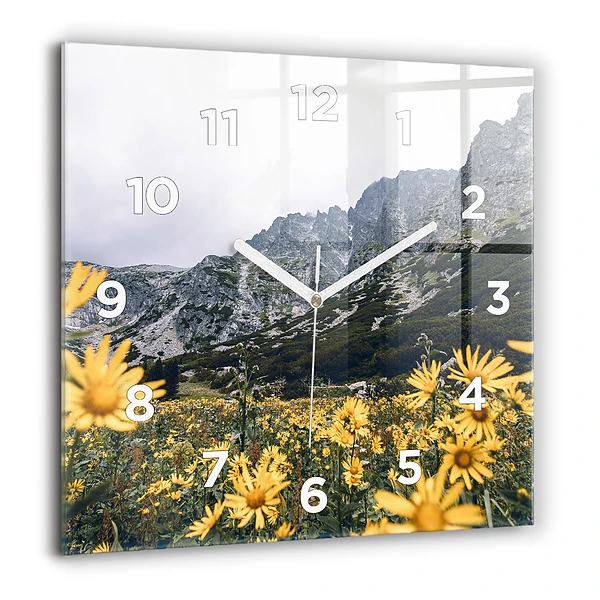 Wanduhr modern quadratisch Blumenwiese in den Bergen