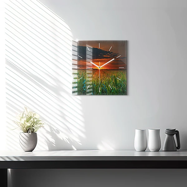 Wanduhr modern quadratisch Sonnenblumen auf einer Wiese