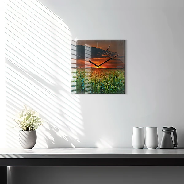 Wanduhr modern quadratisch Sonnenblumen auf einer Wiese