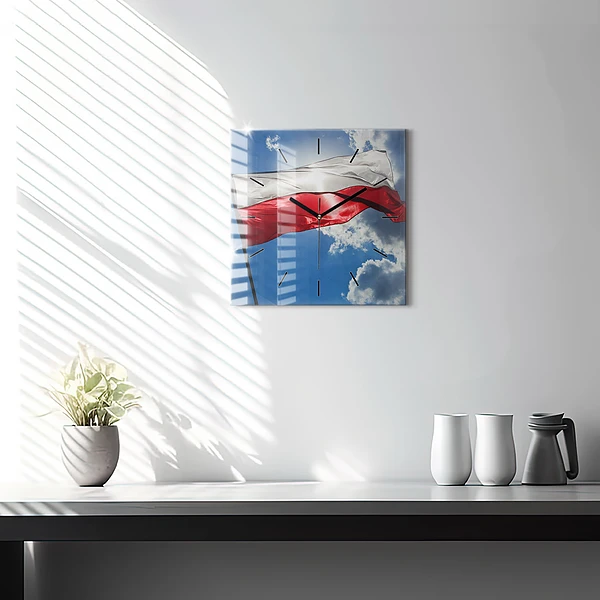 Wanduhr quadratisch mit motiv Polnische Flagge gegen den Himmel