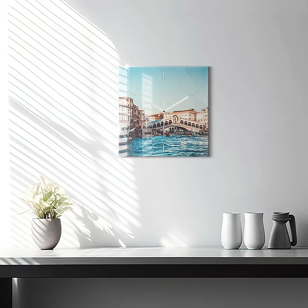 Wanduhr quadratisch mit motiv Rialto-Brücke in Venedig