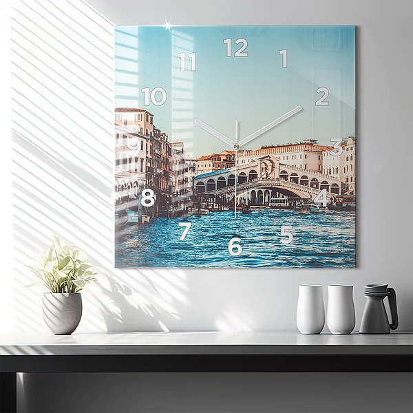 Wanduhr quadratisch mit motiv Rialto-Brücke in Venedig
