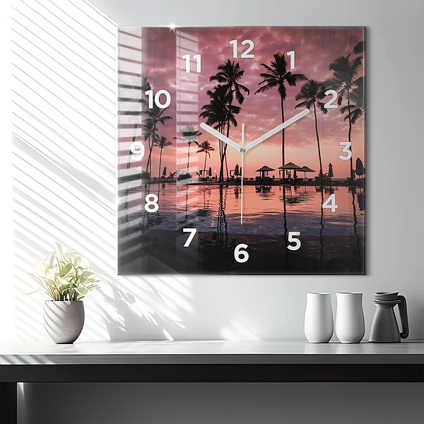 Wanduhr modern quadratisch Palmen auf Hawaii
