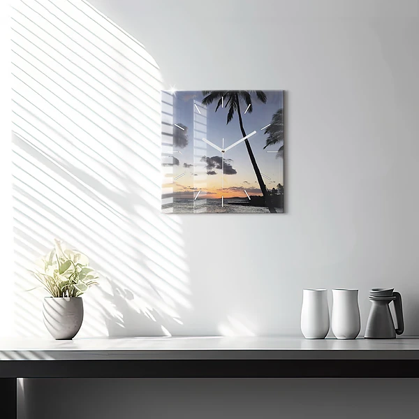 Wanduhr modern quadratisch Palme und Sonnenaufgang
