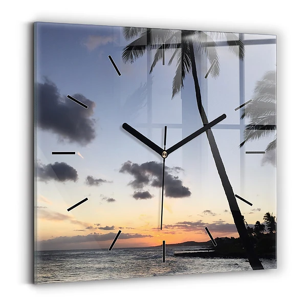Wanduhr modern quadratisch Palme und Sonnenaufgang