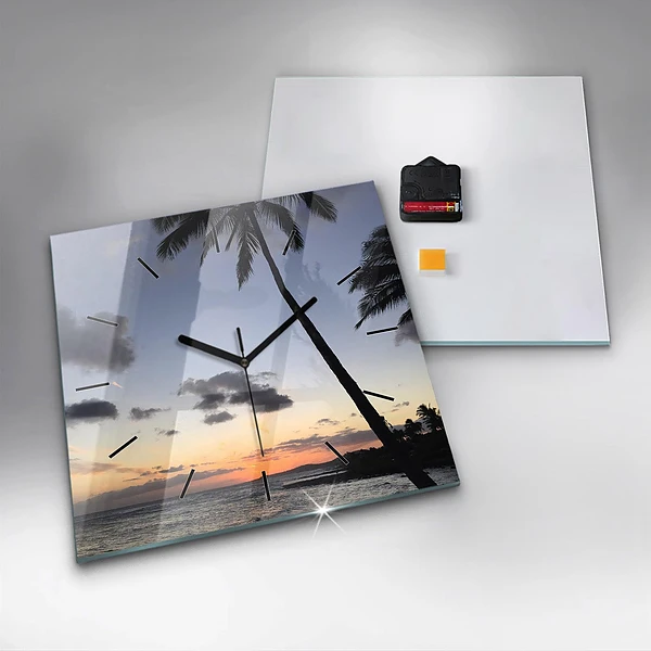 Wanduhr modern quadratisch Palme und Sonnenaufgang