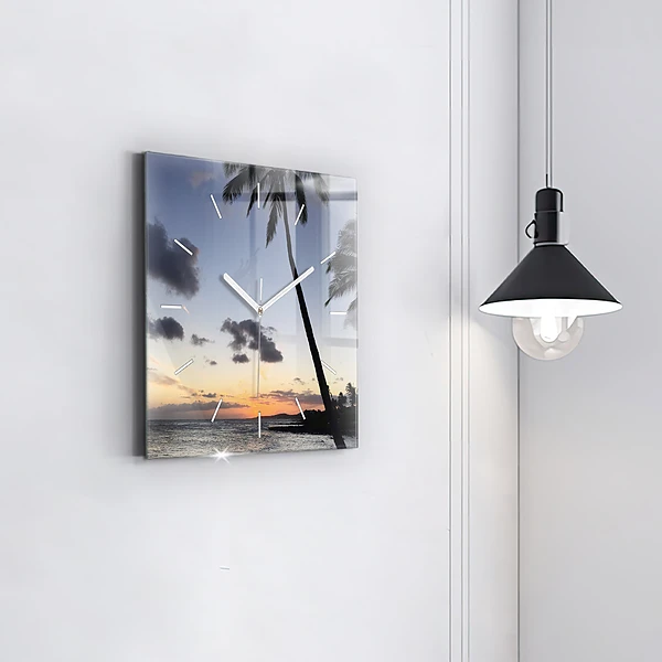 Wanduhr modern quadratisch Palme und Sonnenaufgang