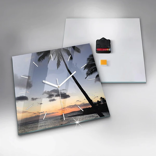 Wanduhr modern quadratisch Palme und Sonnenaufgang