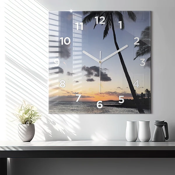 Wanduhr modern quadratisch Palme und Sonnenaufgang