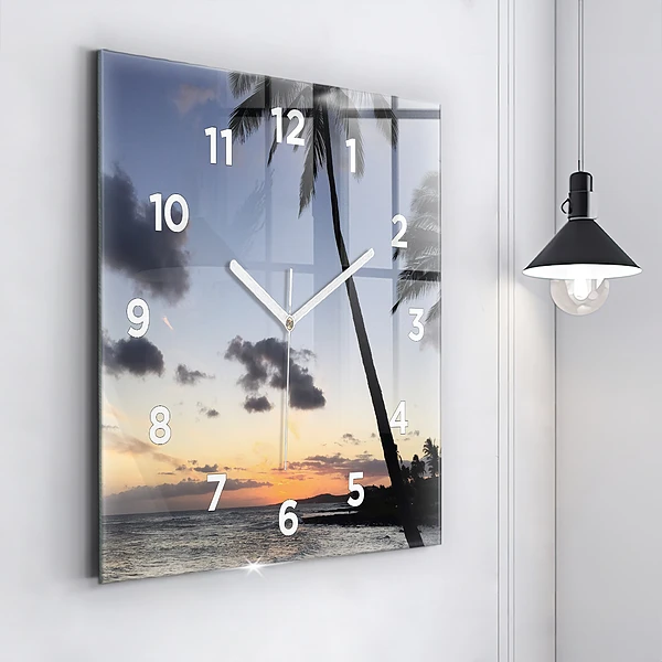 Wanduhr modern quadratisch Palme und Sonnenaufgang