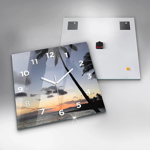 Wanduhr modern quadratisch Palme und Sonnenaufgang