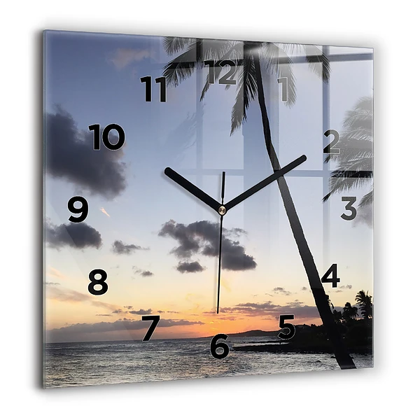 Wanduhr modern quadratisch Palme und Sonnenaufgang