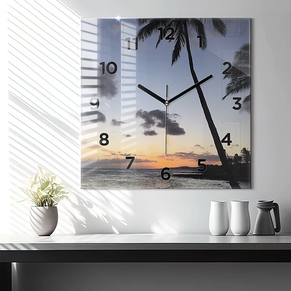 Wanduhr modern quadratisch Palme und Sonnenaufgang