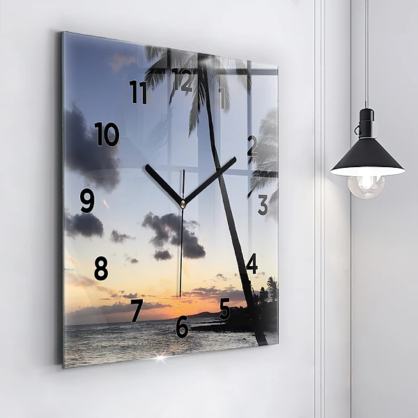 Wanduhr modern quadratisch Palme und Sonnenaufgang