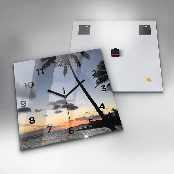 Wanduhr modern quadratisch Palme und Sonnenaufgang