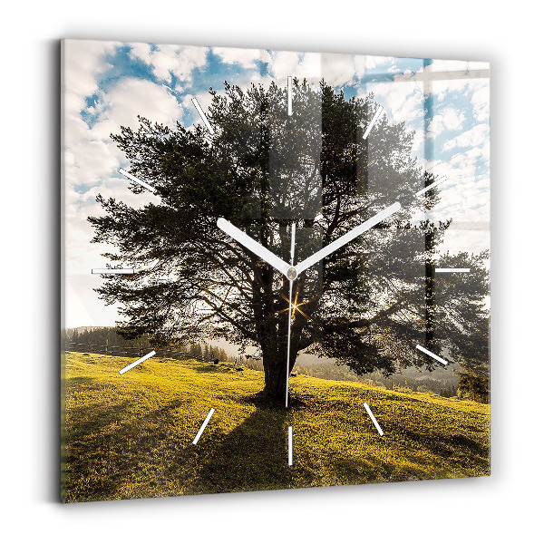 Wanduhr quadratisch Baum auf einem Hügel