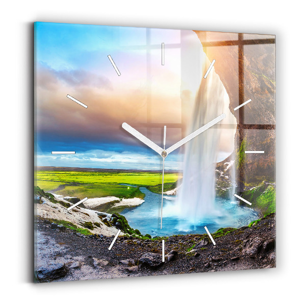 Wanduhr quadratisch mit motiv Wasserfall in Island