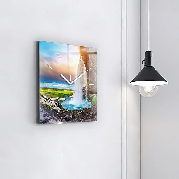 Wanduhr quadratisch mit motiv Wasserfall in Island