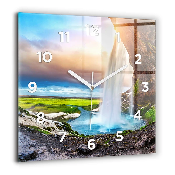 Wanduhr quadratisch mit motiv Wasserfall in Island