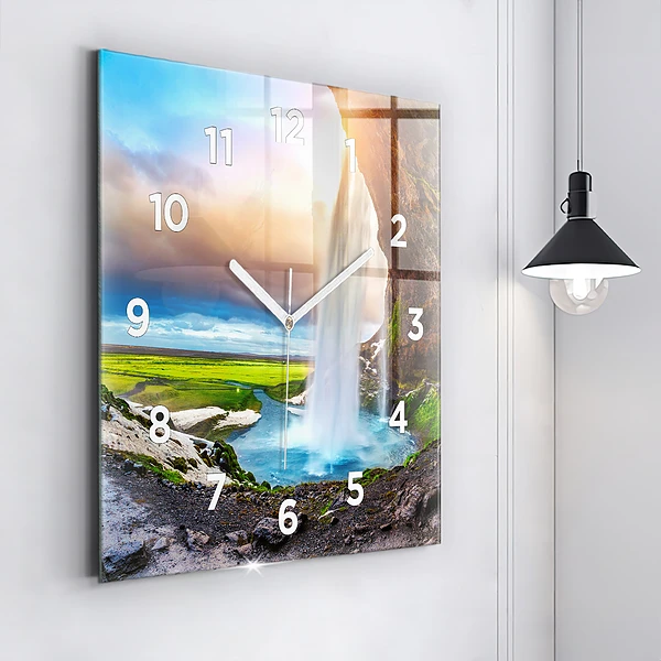 Wanduhr quadratisch mit motiv Wasserfall in Island
