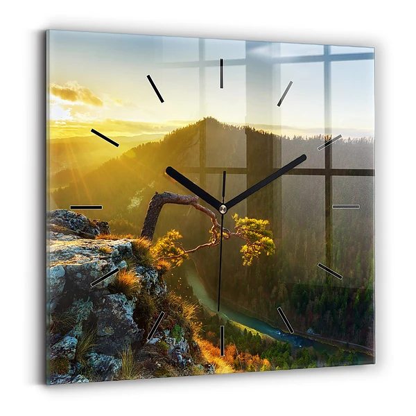 Wanduhr quadratisch mit motiv Sonnenuntergang über den Bergen