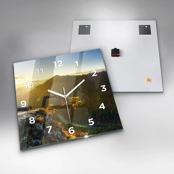 Wanduhr quadratisch mit motiv Sonnenuntergang über den Bergen