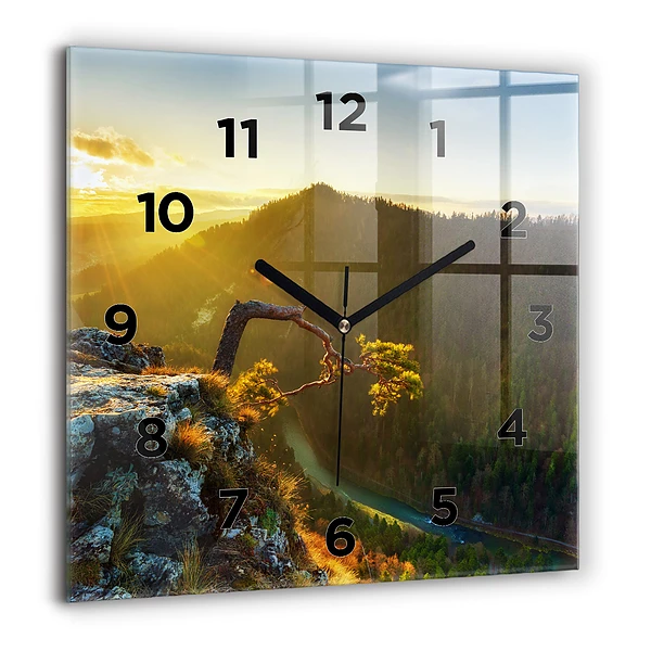 Wanduhr quadratisch mit motiv Sonnenuntergang über den Bergen