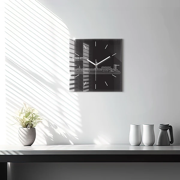 Wanduhr modern quadratisch Zeichnung der Stadt Ostrava