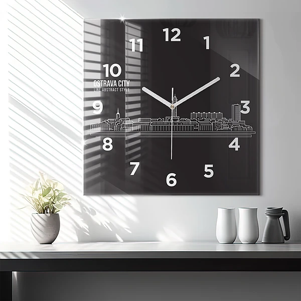 Wanduhr modern quadratisch Zeichnung der Stadt Ostrava