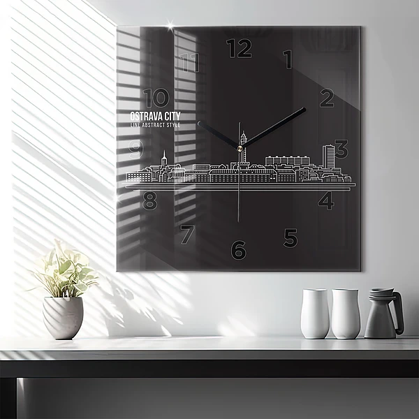Wanduhr modern quadratisch Zeichnung der Stadt Ostrava