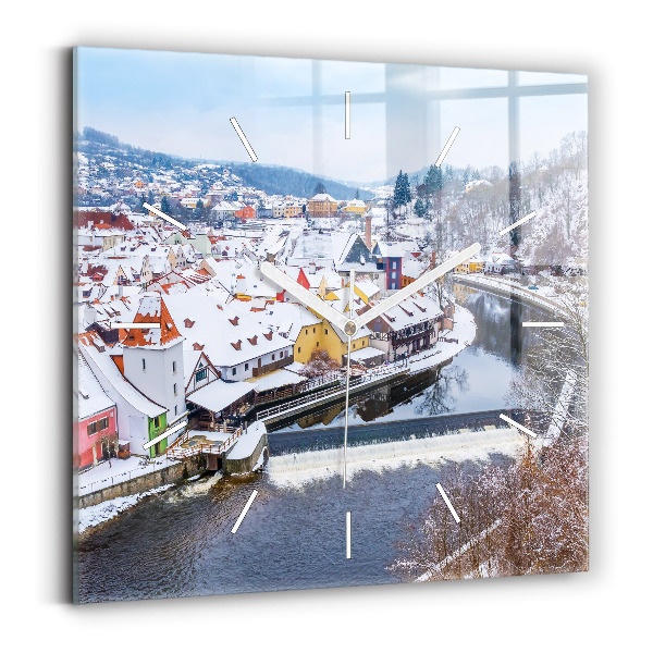 Wanduhr modern quadratisch Panorama einer Stadt im Winter