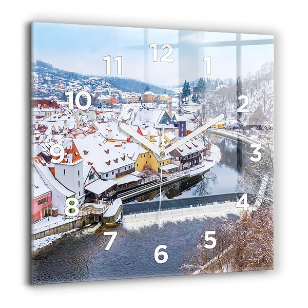 Wanduhr modern quadratisch Panorama einer Stadt im Winter