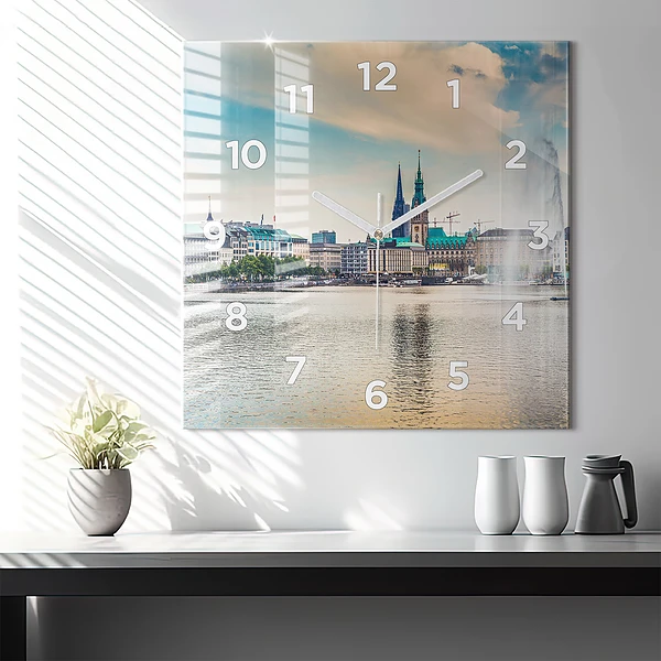 Wanduhr quadratisch mit motiv Binnenalster in Hamburg