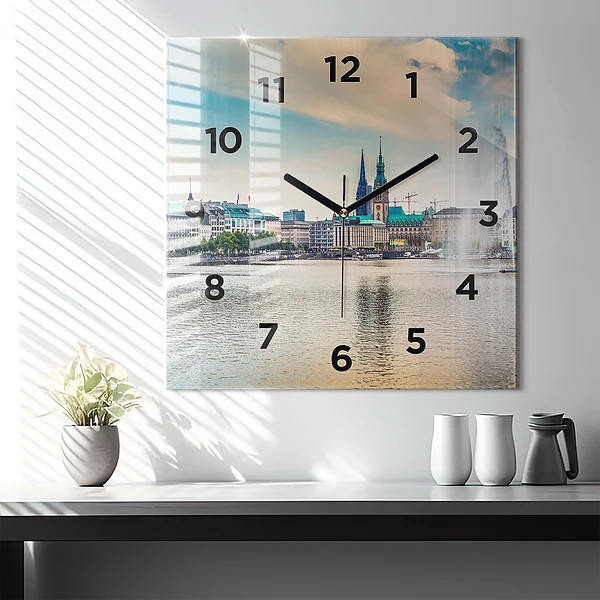 Wanduhr quadratisch mit motiv Binnenalster in Hamburg