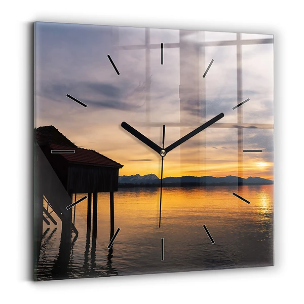 Wanduhr quadratisch mit motiv Sonnenuntergang über einem See