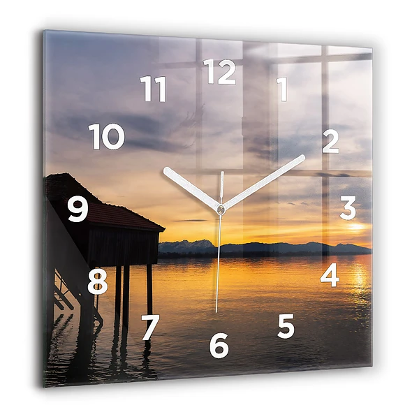 Wanduhr quadratisch mit motiv Sonnenuntergang über einem See