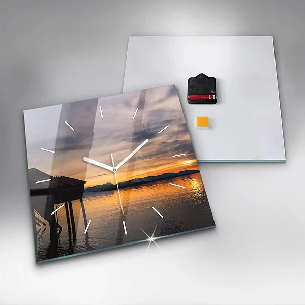 Wanduhr quadratisch mit motiv Sonnenuntergang über einem See