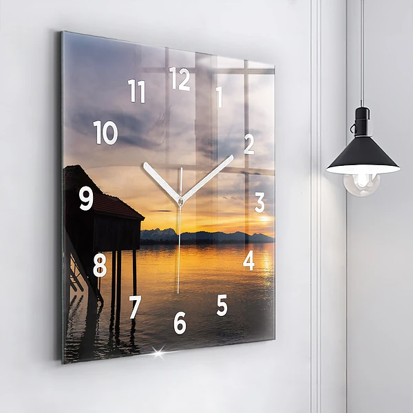 Wanduhr quadratisch mit motiv Sonnenuntergang über einem See