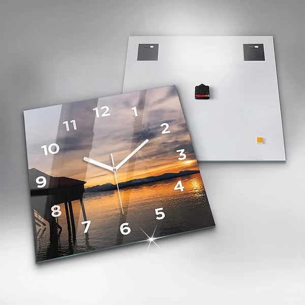Wanduhr quadratisch mit motiv Sonnenuntergang über einem See