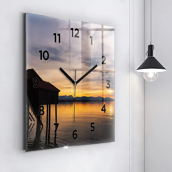 Wanduhr quadratisch mit motiv Sonnenuntergang über einem See
