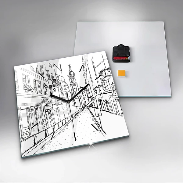 Wanduhr quadratisch Stadtzeichnung Provence