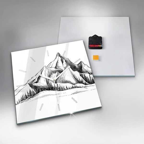 Wanduhr quadratisch mit motiv Gezeichnete Berge