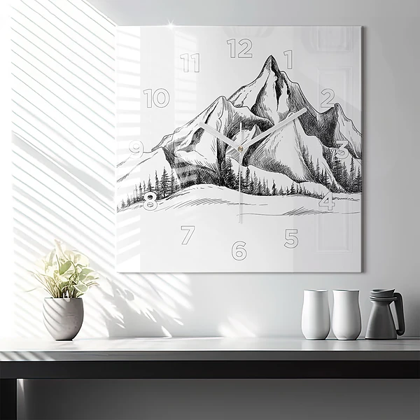 Wanduhr quadratisch mit motiv Gezeichnete Berge
