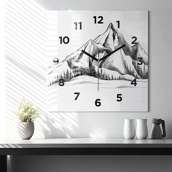 Wanduhr quadratisch mit motiv Gezeichnete Berge