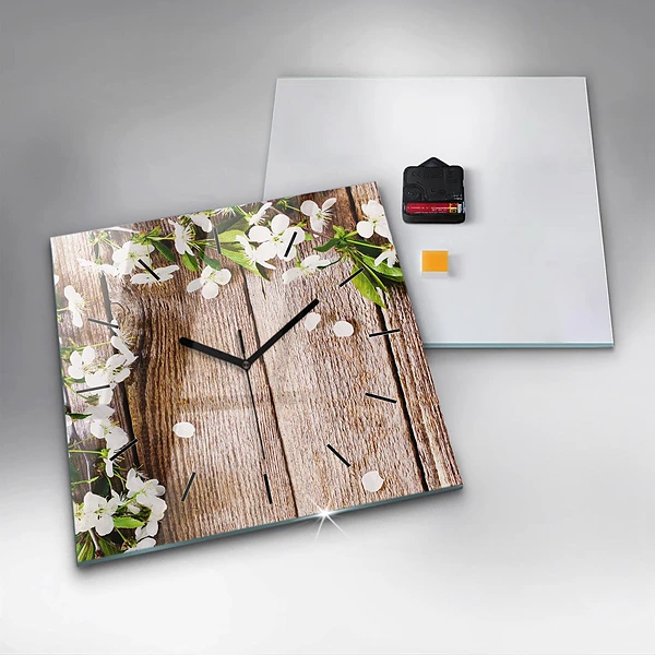Wanduhr modern quadratisch Blumen auf Holz