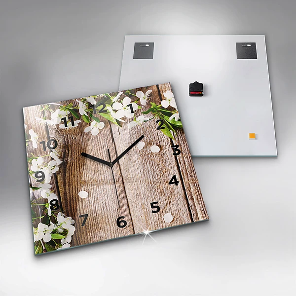 Wanduhr modern quadratisch Blumen auf Holz