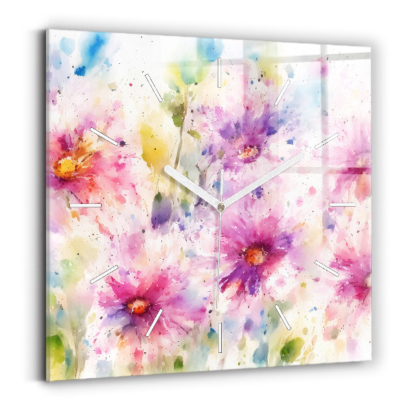 Wanduhr quadratisch Gemalte Blumen