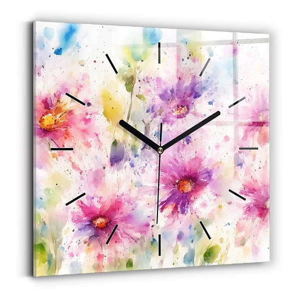 Wanduhr quadratisch Gemalte Blumen